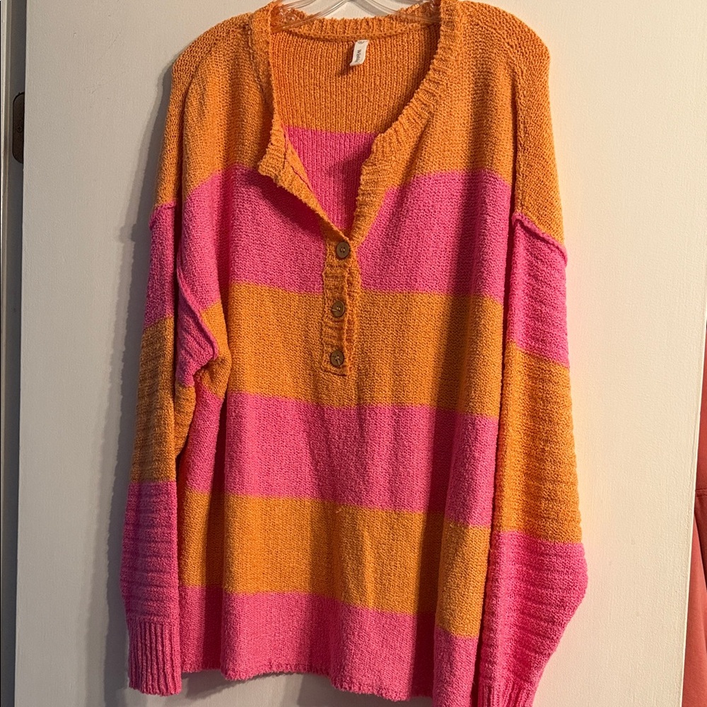 Wishlist Pink and Orange Striped V-Neck Sweater